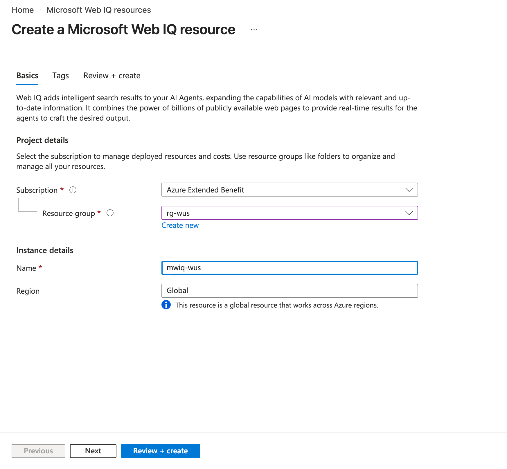 在 Azure 门户中创建 Microsoft Web IQ 资源